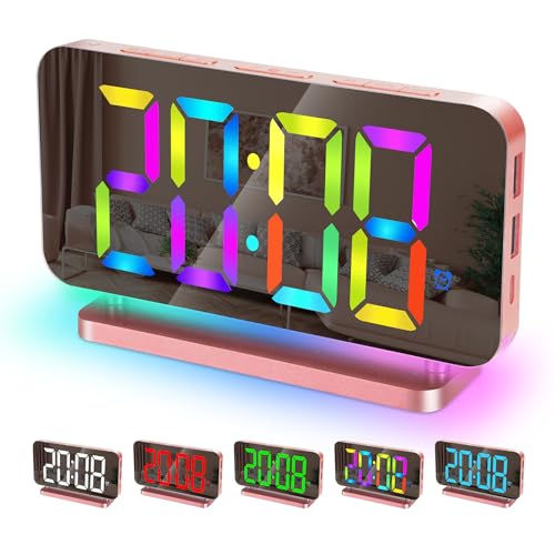 Sukeen Wecker Digital, 7,4" Digitaler Wecker, Digital Uhr Spiegelwecker mit 11 Farben Digitalanzeige, 10 Modi RGB-Nachtlicht, USB-C-Ladeanschluss, Helligkeit, Led Uhr Digital für Nachttisch - Rosa von Sukeen