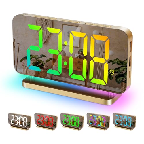 Sukeen Wecker Digital, 7,4" Wecker Digital Uhr, Spiegel Digitaler Wecker mit 11 Farben Digitalanzeige, 10 Modi RGB-Nachtlicht, USB-C-Ladeanschluss,Lautstärke,Helligkeit,Tischuhr für Schlafzimmer-Gold von Sukeen