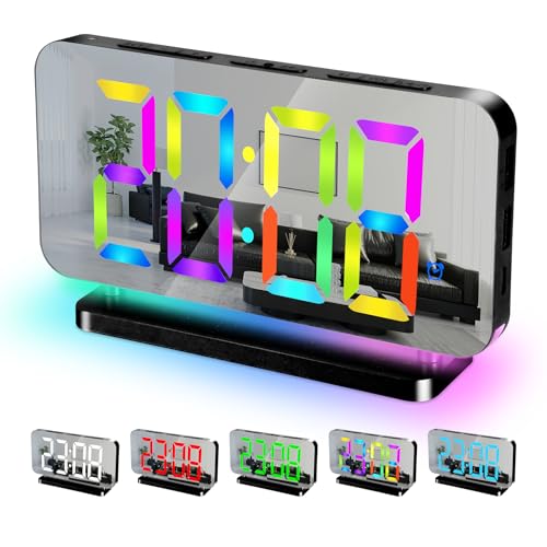 Sukeen Wecker Digital, 7,4" Wecker Digital Uhr, Spiegel Digitaler Wecker mit 11 Farben Digitalanzeige,10 Modi RGB-Nachtlicht,USB-C-Ladeanschluss,Lautstärke,Helligkeit,Tischuhr für Nachttisch-Schwarz von Sukeen