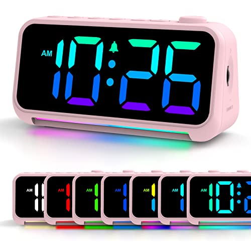 Wecker Kinder Jungen Mädchen, Wecker Digital mit 7 Farben Nachtlicht, 6" Dynamische RGB Digitaler Wecker mit Licht/LED-Display mit Mehreren Schriftarten/dimmbar/5 Lautstärken/USB-Ladeanschlüsse Rosa von Sukeen