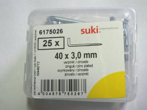 25 Stück Suki Schraubhaken gerade 3,0x40 mm Metall verzinkt von Suki