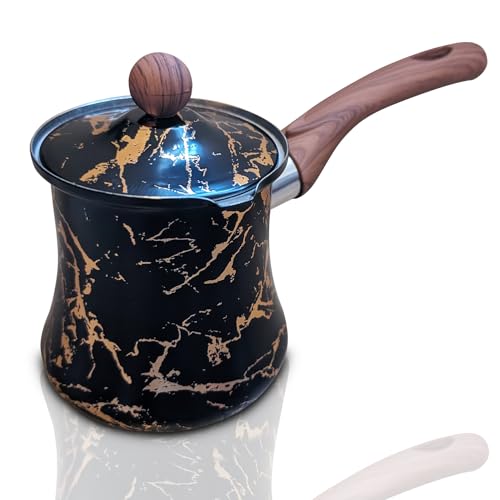 Sukkar Pasha Luxuriöse türkische Kaffeekanne, 530 ml, türkischer Ibrik für aromatischen Kaffee, Mehrzweck-Kaffeekanne mit Deckel, robuste Edelstahl-Kaffeekanne (Schwarz & Gold), P10298381D von Sukkar Pasha