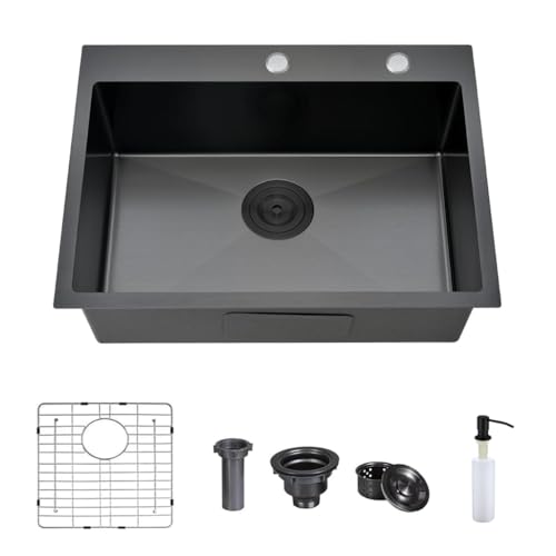 Moderne Küchenspüle aus 304 Edelstahl, hohe Kapazität, Einzelbecken, Küchenspüle mit schützendem Bodengitter und Seifenspender für Wohnmobil, Barspüle, Schwarz, 66 x 45,7 x 22,9 cm von SukrHdoe