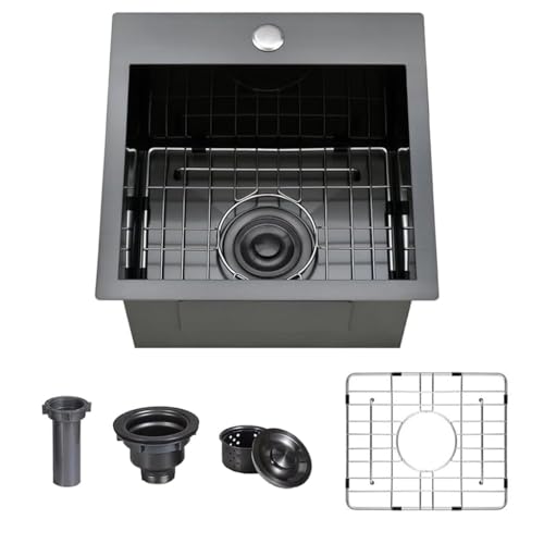 Moderne Küchenspüle aus 304 Edelstahl, hohe Kapazität, Einzelbecken, Küchenspüle mit schützendem Bodengitter und Seifenspender für Wohnmobil, Barspüle, schwarz, 38,1 x 38,1 x 22,9 cm von SukrHdoe