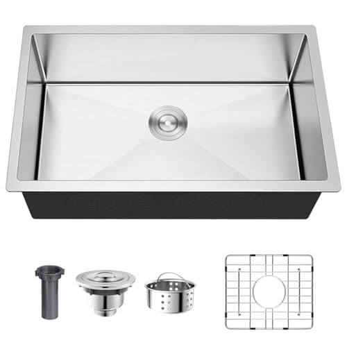 Moderne Küchenspüle aus 304 Edelstahl, hohe Kapazität, Einzelbecken, Küchenspüle mit schützendem Bodengitter und Seifenspender für Wohnmobil, Barspüle (Unterbauspüle, Silbergrau, 66 x 45,7 x 22,9 cm) von SukrHdoe