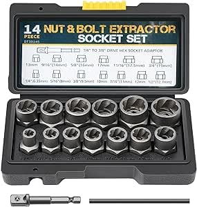 Sukudon Profi-Schraubenausdreher-Set – 15-teiliges Vielzahn-Muttern-Set – 3/8 Zoll Felgenschloss-Cracker-Bit-Set – 6,35–19 mm Linksausdreher-Steckschlüssel-Set – Ratschenkasten-Torx-Bit-Set von sukudon