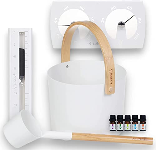 SULENO - Sauna Set KJELL 2 | 9-teilig - Saunakübel, Saunakelle, Klimamesser 2in1, Sanduhr, Saunadüfte, Saunazubehör (Weiß) von Suleno