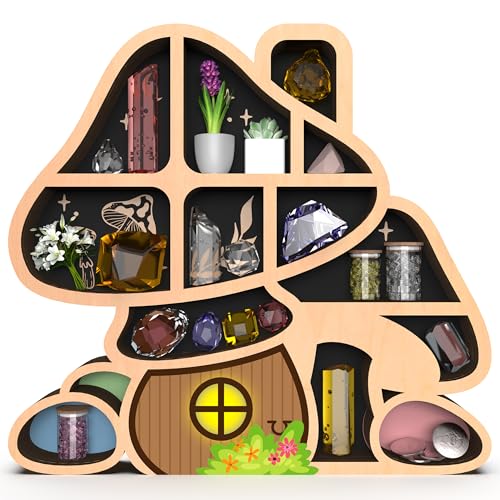 Pilz-Dekor, Pilz-Regal aus Holz, Schmuckkristall-Ausstellungsregal für die Wand, niedliche schwebende Regale, Stein-Aufbewahrungs-Organizer, Pilz-Wandkunst, perfekt für Meditationsraum von Sulevalt