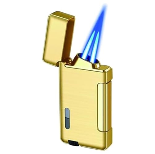 Cooles Feuerzeug mit einstellbarer Flamme und sichtbarem Brennstofffenster, winddichtes Feuerzeug mit Doppelflammenfackel (Brennstoff nicht im Lieferumfang enthalten)(Gold) von Sullosing