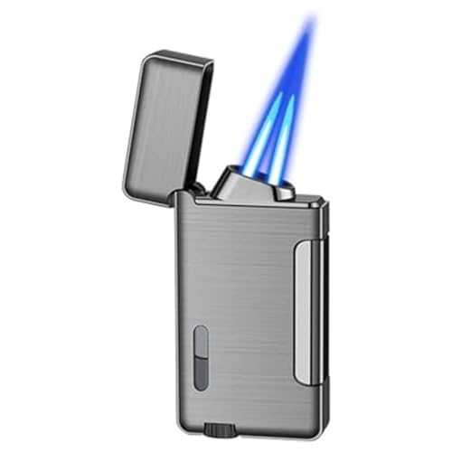 Cooles Feuerzeug mit einstellbarer Flamme und sichtbarem Brennstofffenster, winddichtes Feuerzeug mit Doppelflammenfackel (Brennstoff nicht im Lieferumfang enthalten)(Gray) von Sullosing