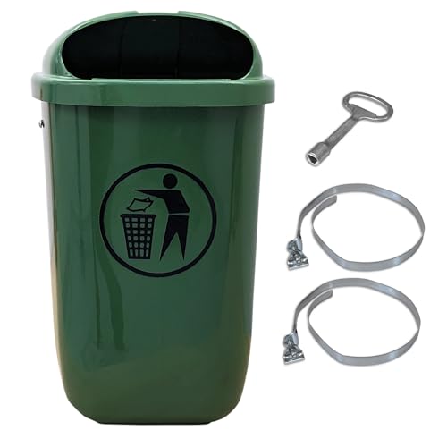 SULO Original Set Abfallbehälter Papierkorb mit Regenhaube | Der Klassiker Made in Germany | 50 Liter | Grün | Mit 2 Befestigungsschellen & 1 Dreikantschlüssel | H740xB432xT256mm von Sulo