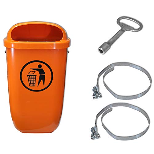 SULO Original Set Abfallbehälter Papierkorb mit Regenhaube | Der Klassiker Made in Germany | 50 Liter | Orange | Mit 2 Befestigungsschellen & 1 Dreikantschlüssel | H740xB432xT256mm von SULO