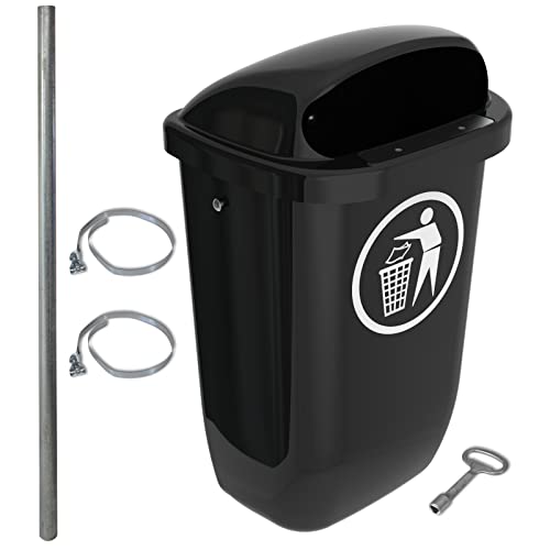 SULO Original Set Abfallbehälter Papierkorb mit Regenhaube | Made in Germany | 50 Liter | Dunkelgrau | Mit 2 Befestigungsschellen + 1 Dreikantschlüssel + 1 Befestigungspfosten | H740xB432xT256mm von Sulo