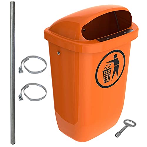 SULO Original Set Abfallbehälter Papierkorb mit Regenhaube | Made in Germany | 50 Liter | Orange | Mit 2 Befestigungsschellen + 1 Dreikantschlüssel + 1 Befestigungspfosten | H740xB432xT256mm von Sulo