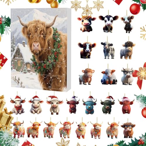 Adventskalender Countdown Hochlandrind - Weihnachts 24 Tage Kuhschmuck Countdown Kalender - 2D Acryl Tieranhänger Für Kinder Und Erwachsene Als Partygeschenk Baumdekoration Auto Rückspiegel von Sulxyi