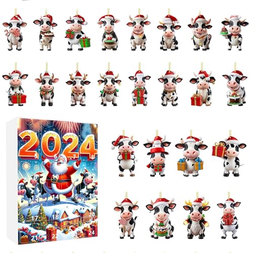 Weihnachtskalender, Advents-Ornamente, 24 Tage, hängende Kuh-Dekoration, Countdown-Kalender, 2D-Acryl, hängende Dekoration für Kinder und Erwachsene, Feiertags-Organizer, Zuhause, Schule von Sulxyi
