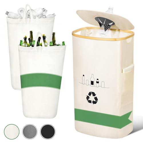 Sumapner 100L Pfandflaschen Sammelbehälter mit Deckel, Groß Pfandflaschen Aufbewahrung, Behälter Leergut & Altglas Aufbewahrung, Flaschensammler mit Loch Küche Abstellraum Flaschentasche, Beige von Sumapner