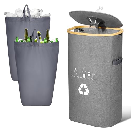 Sumapner 100L Pfandflaschen Sammelbehälter mit Deckel, Groß Pfandflaschen Aufbewahrung, Behälter Leergut & Altglas Aufbewahrung, Flaschensammler mit Loch Küche Abstellraum Flaschentasche, Grau von Sumapner