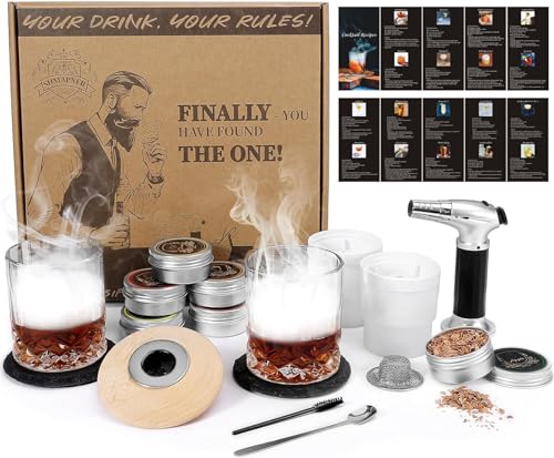 Whiskey-Cocktail-Räucherset mit Fackel, 6 Geschmacksrichtungen, Holzchips, 2 Whiskygläser, 2 Eiskugelformen, altmodisches Bourbon-Getränkeset, Geschenke für Männer, Vater, Ehemann, Freund (ohne Butan) von Sumapner