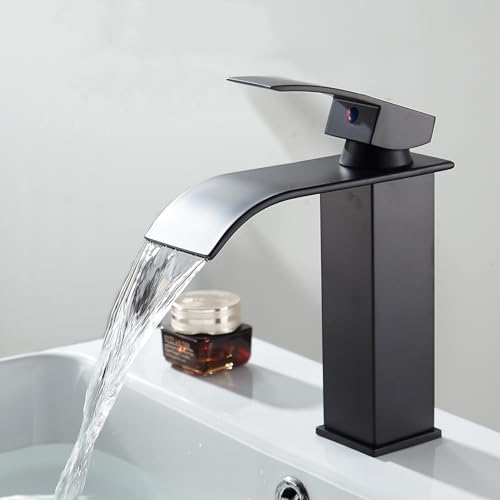 Sumeber Wasserhahn Bad, Wasserfall Wasserhahn Bad Edelstahl Waschtischarmatur Wasserfall mit Auslauf Höhe 110MM Waschbecken Armatur Einhebelmischer Warm und Kalt wasser Mischbatterien Bad (schwarz) von Sumeber
