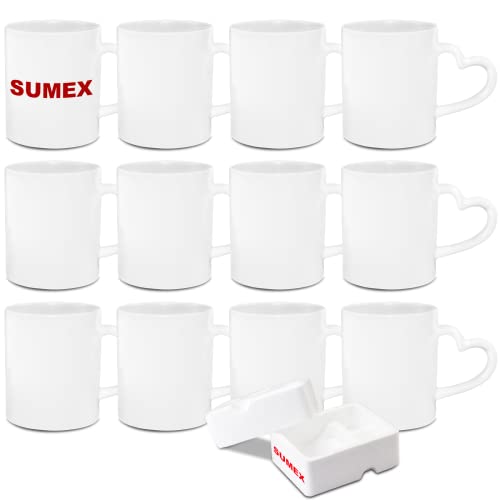 Sumex 325ml 12er-Set Sublimation Tassen Sublimationsbecher Weiß Keramiktasse,11 Unzen Tasse Sublimation mit Herz-Griff für Kaffee Milch Tee von Sumex