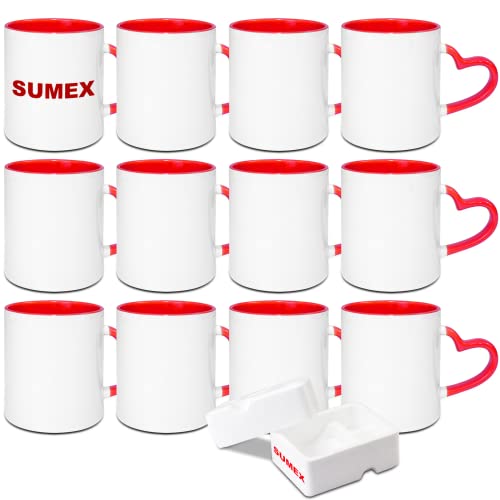 Sumex 11oz Set von 12 Sublimationstassen Keramik Kaffeebecher mit Herzgriff für Teemilch, rot Inneres und Griff von Sumex