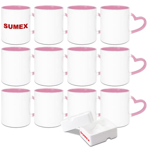 Sumex 11oz Set von 12 Sublimationstassen Keramik Kaffeebecher mit Herzgriff für Teemilch,pink Inneres und Griff von Sumex