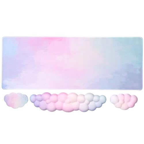 Gaming-Schreibtischunterlage mit Tastatur-Handgelenkauflage-Set, 4-in-1 großes Mauspad & Cloud-Tastatur-Handgelenkauflage & Maus-Handgelenkauflage & Untersetzer, Komfort und Unterstützung zum Tippen von Sumgsn