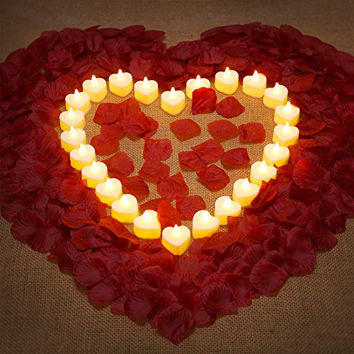 1000 Stücke Künstliche Gefälschte Rosenblätter und 24 Herzförmige Flammenlose LED Teelicht Kerzen Romantische Liebe LED Kerzen Künstliche Blütenblätter zum Valentinstag Hochzeit (Gelb) von Sumind