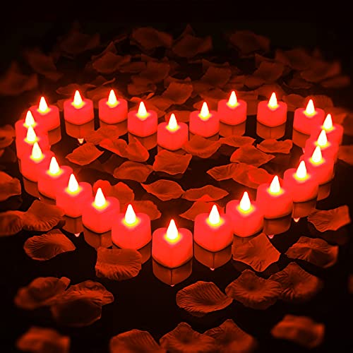 1000 Stücke Künstliche Gefälschte Rosenblätter und 24 Herzförmige Flammenlose LED Teelicht Kerzen Romantische Liebe LED Kerzen Künstliche Blütenblätter zum Valentinstag Hochzeit (Rot) von Sumind