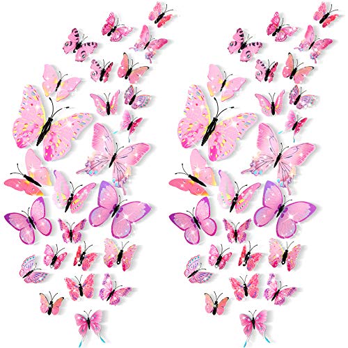 48 Stück 3D Schmetterling Wandaufkleber Abnehmbare Schmetterling Wandtattoos Bling Lebhafter Schmetterling Wandgemälde für DIY Party Büro Zuhause und Raum Dekoration (Rosa) von Sumind