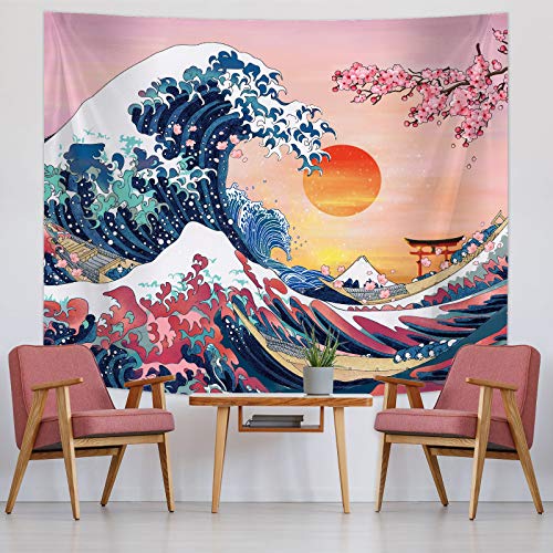Sumind Ozean Welle Tapisserie Sonnenuntergang Tapisserie Wandbehang Japanische Kanagawa Wandteppich Große Welle Kirschblüte Natur Hintergrund Tapisserie für Japanische Party (59 x 51 Zoll) von Sumind