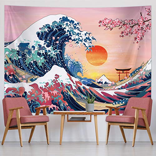 Die Große Welle Tapisserie Japanische Ozean Welle Wand Deko Kirsch Blüten Baum Hintergrund Sonnen Untergang Tapisserie Berg Wandbehang Kanagawa Tapisserie für Wohnzimmer (59 x 78,7 Zoll) von Sumind