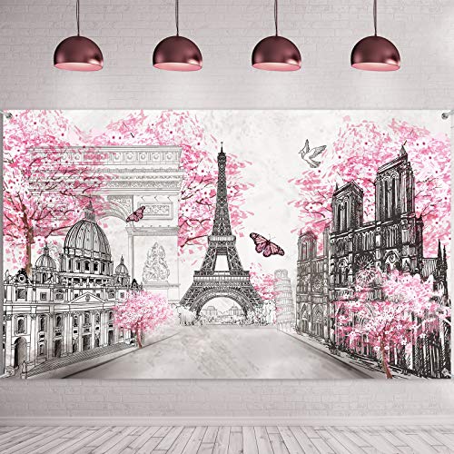 Paris Tapisserie Hintergrund Paris Wandkunst Eiffelturm Foto Banner Hintergrund Europäische Stadt Landschaft Rosa Wandbehang Dekor für Wohnzimmer Mädchen Schlafzimmer, 72,8 x 43,3 Zoll von Sumind