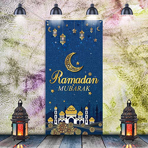 Sumind Ramadan Mubarak Dekorative Türabdeckung Eid Mubarak Hintergrund Hängend Ramadan Mubarak Tür Banner Eid Al-Fitr Feier Dekoration für Türabdeckung Muslim Ramadan Party, 5,9 x 2,9 Feet von Sumind