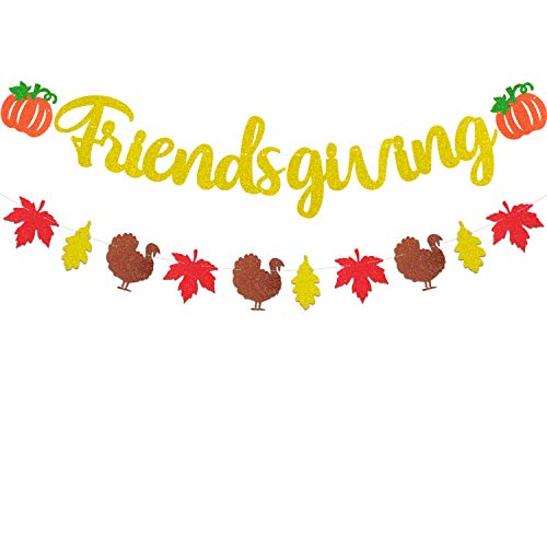 Friendsgiving Banner Thanksgiving Glitter Dekorationen | Rustikale Thanksgiving Truthahn Kürbis Girlande | Thanksgiving Day Party Supplies – 2 Schnüre ohne DIY Kamin, Kaminsims, Heimdekoration von Sumjollity