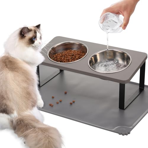 Erhöhte Futternapf für Katzen mit Matte, 15° geneigter Ständer, Anti-Erbrochenes Futternapf für Futter und Wasser, 2 Stück Edelstahlnäpfe für Katzen und Welpen (Grau) von Summark