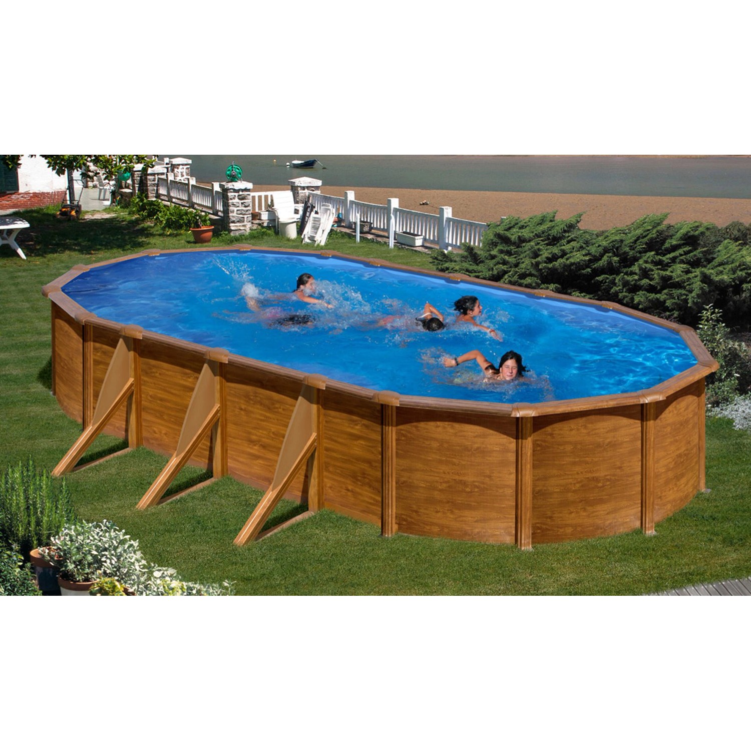 Summer Fun Stahlwand Pool-Set Holz Dekor RAVENNA Aufstellb. oval 610 x 375 x 132 von Summer Fun