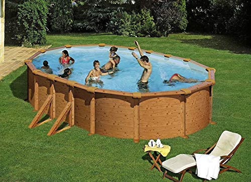 Summer Fun Stahlwandpool Set (7-teilig) hoch oval 610 x 375 x 132 cm, Stahl 0,45 mm Holzoptik Folie 0,4 mm blau von Summer Fun