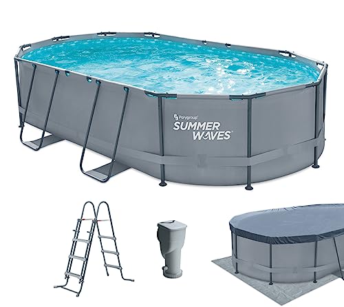 Summer Waves Frame Pool Komplettset | Oval 488x305x107 cm Grau | Aufstellpool Set | Gartenpool & Schwimmbecken inkl. Filterpumpe, Bodenvlies, Abdeckplane & Einstiegsleiter von Summer Waves