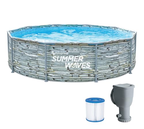 Summer Waves Frame Pool Komplettset | Rund 305x76 cm Steinoptik Grau | Aufstellpool Set | Gartenpool & Schwimmbecken inkl. Filterpumpe von Summer Waves