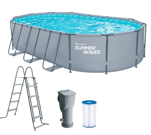 Summer Waves Frame Pool Komplettset | Oval 610x366x122 cm Grau | Aufstellpool Set | Gartenpool & Schwimmbecken inkl. Filterpumpe, Filterkartusche, Bodenvlies, Abdeckplane & Einstiegsleiter von Summer Waves