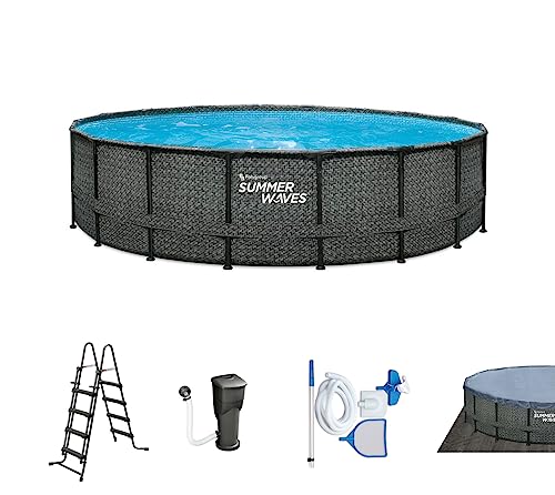 Summer Waves Frame Pool Komplettset | Rund 488x122 cm Rattanoptik Grau | Aufstellpool Set | Gartenpool & Schwimmbecken inkl. Filterpumpe, Einstiegsleiter, Abdeckplane, Bodenvlies & Reinigungsset von Summer Waves