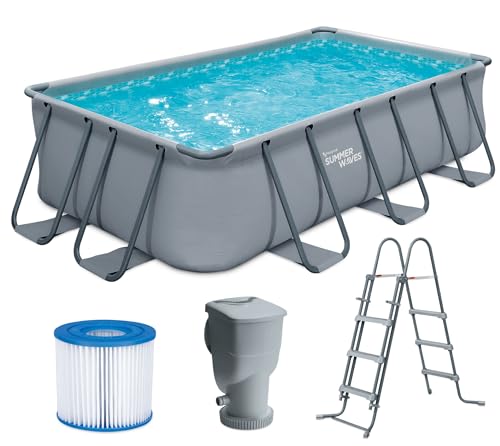 Summer Waves Frame Pool Komplettset | Rechteckig 400x200x100 cm Grau | Aufstellpool Set | Gartenpool & Schwimmbecken inkl. Filterpumpe, Filterpatrone & Einstiegsleiter von Summer Waves