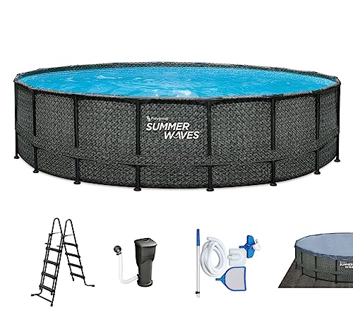 Summer Waves Frame Pool Komplettset | Rund 549x132 cm Rattan Optik Grau | Aufstellpool Set | Gartenpool & Schwimmbecken inkl. Filterpumpe, Bodenvlies, Abdeckplane & Einstiegsleiter von Summer Waves