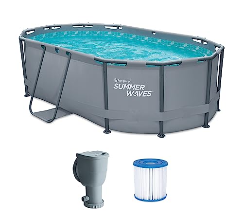 Summer Waves Frame Pool Komplettset | Oval 300x200x84 cm Grau | Aufstellpool Set | Gartenpool & Schwimmbecken inkl. Filterpumpe von Summer Waves
