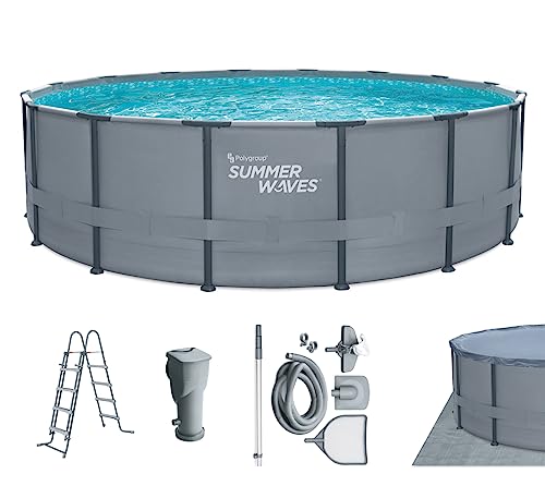 Summer Waves Frame Pool Komplettset | Rund 488x122 cm Grau | Aufstellpool Set | Gartenpool & Schwimmbecken inkl. Filterpumpe, Einstiegsleiter, Abdeckplane, Bodenvlies & Deluxe-Reinigungsset von Summer Waves