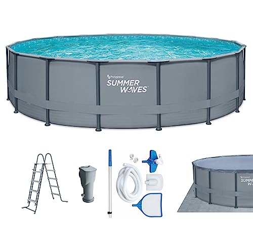 Summer Waves Frame Pool Komplettset | Rund 549x132 cm Grau | Aufstellpool Set | Gartenpool & Schwimmbecken inkl. Filterpumpe, Einstiegsleiter, Bodenvlies, Abdeckplane & Reinigungsset von Summer Waves