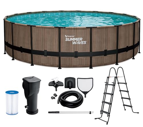 Summer Waves Frame Pool Komplettset | Rund 549x132 cm Teak Optik Braun | Aufstellpool Set | Gartenpool & Schwimmbecken inkl. Filterpumpe, Einstiegsleiter, Abdeckplane, Bodenvlies & Reinigungsset von Summer Waves