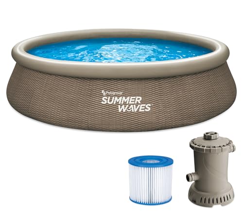 Summer Waves Quick Up Pool Komplettset | Rund 396x84 cm Rattanoptik Braun | Aufstellpool Set | Gartenpool & Schwimmbecken inkl. Filterpumpe & Filterkartusche von Summer Waves